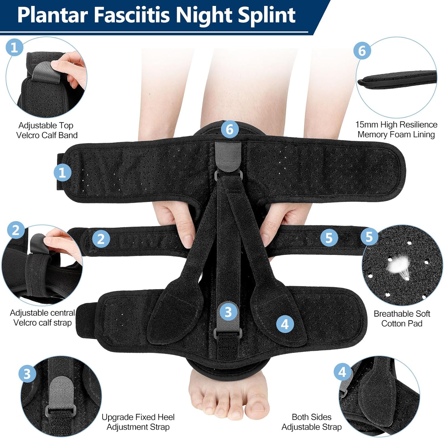 Férula nocturna para fascitis plantar, soporte de alivio de fascitis plantar, 3 correas ajustables, alivio de la fascitis plantar para fascitis