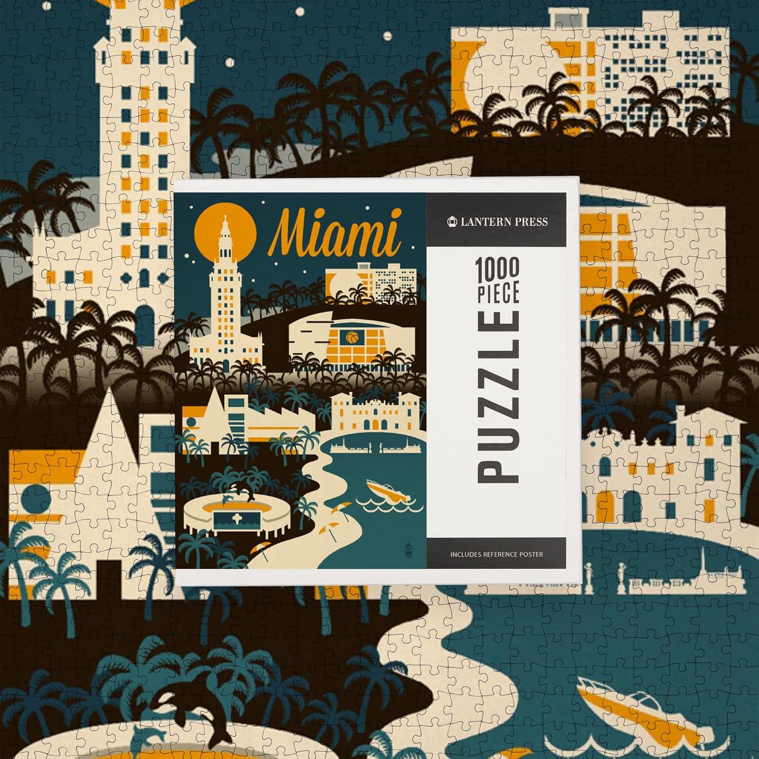Miami, Florida, Retro Skyline (1000 Piece Puzzle, Challenging Jigsaw Puzzle for Adults, Made in USA)