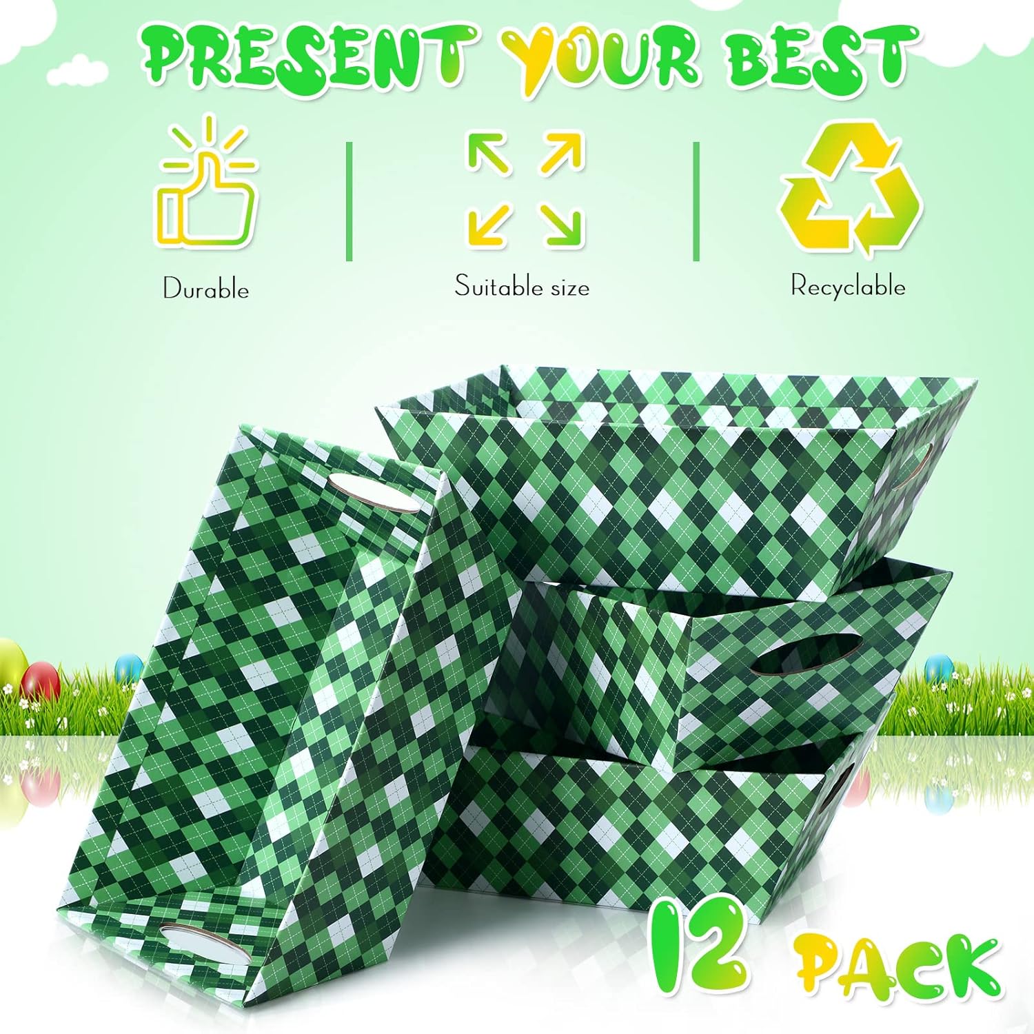 12 canastas de regalo a cuadros verdes de 9.8 x 6.5 pulgadas, cesta pequeña para regalo, cesta vacía con asa, cesta de regalo a granel, bandeja de