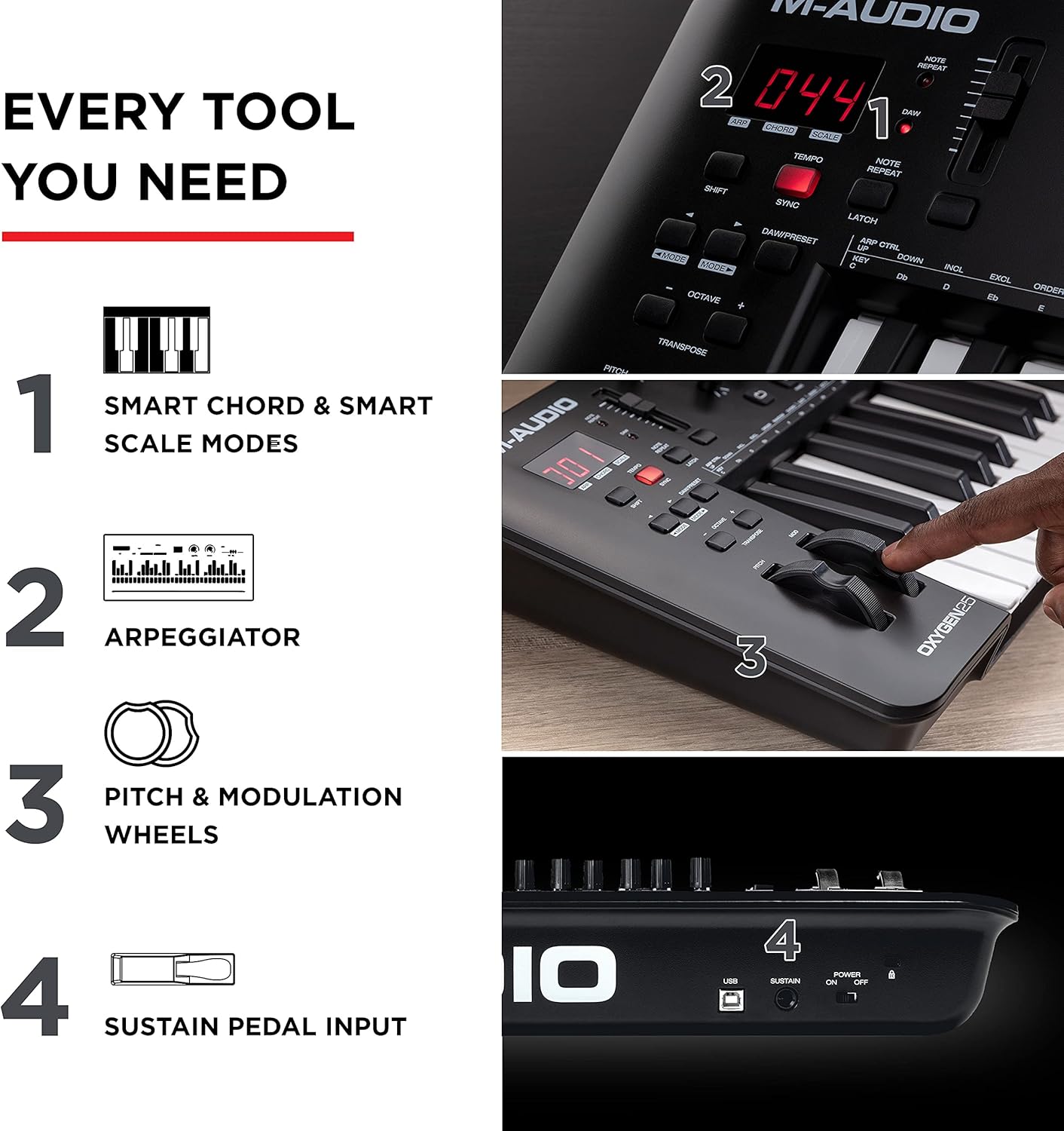 M-Audio Oxygen 25 (MKV) – Controlador de teclado MIDI USB de 25 teclas con almohadillas de ritmo, modos de acorde inteligente y escala, arpegiador y