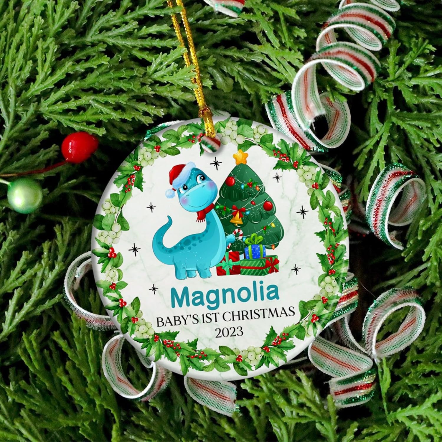 Adorno personalizado de la primera Navidad del bebé, adorno de primera Navidad para bebés 2024, adornos de dinosaurio bebé para árbol de Navidad,