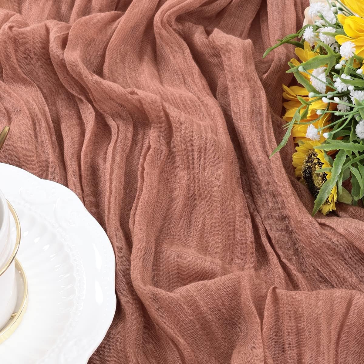 Socomi Camino de mesa de gasa de 10 pies, estilo bohemio, rústico, color rosa oscuro, camino de mesa para boda, despedida de soltera, otoño, Acción