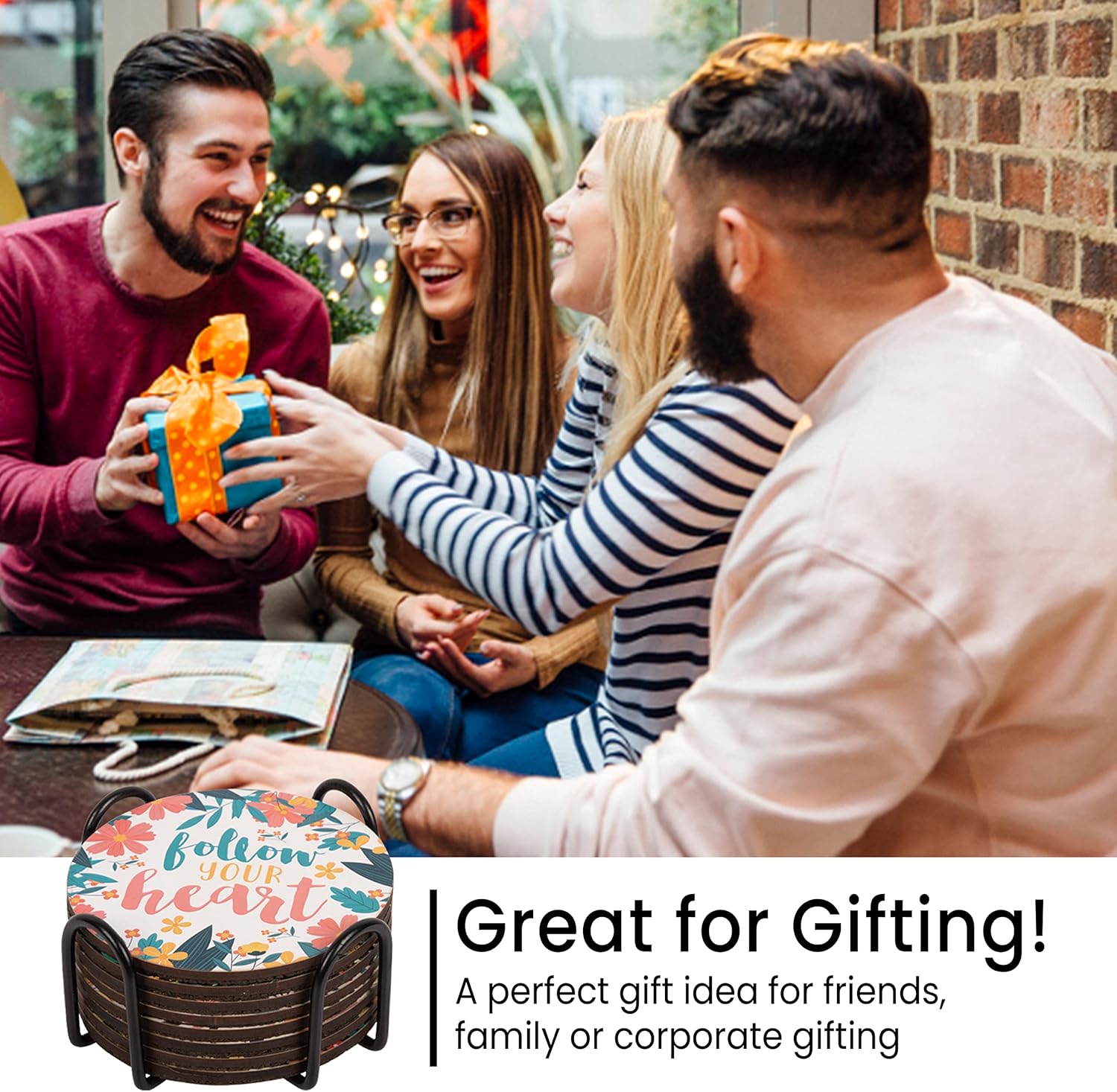 Good vibes – Juego de 8 posavasos para bebidas, base de corcho absorbente para protección de mesa, hecho de madera de ingeniería, ideal para