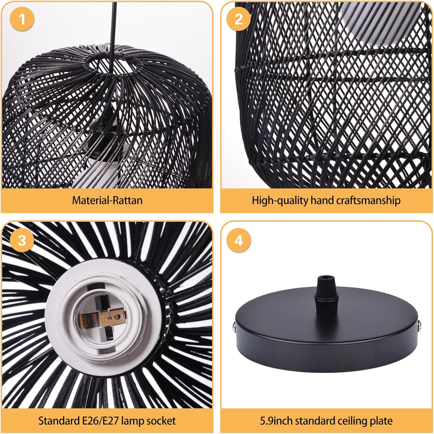 Arturesthome Lámpara colgante de ratán negro, lámpara de techo estilo bohemio natural, lámpara colgante de mimbre retro para isla de cocina