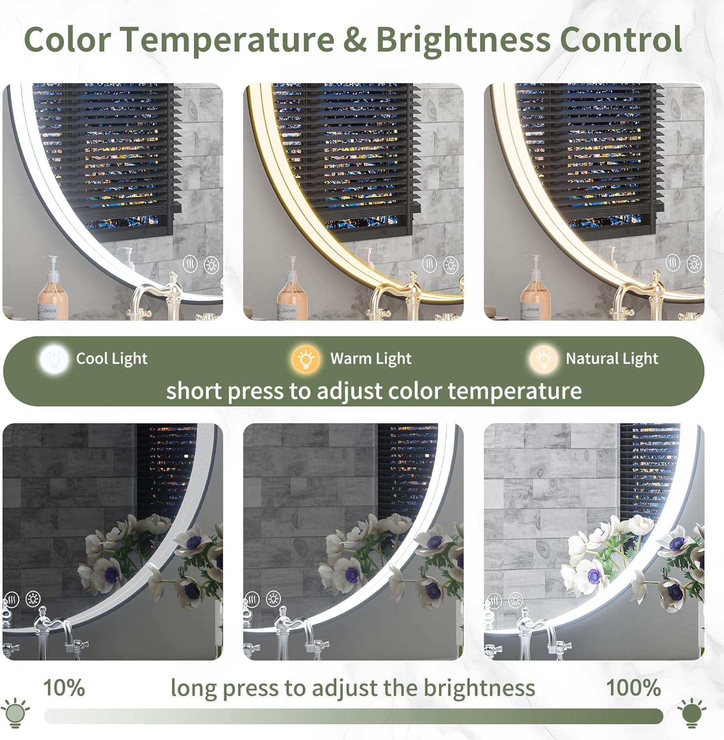 Vosuja Espejo de baño LED redondo de 24 pulgadas con luces, marco negro circular incrustado, diseño de tira de luz moderna, 3 opciones de color