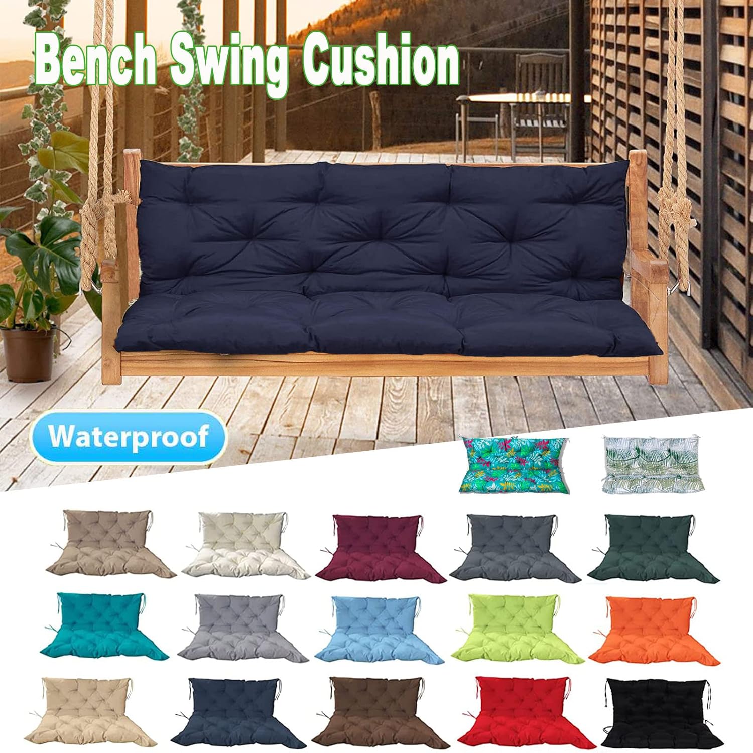 Bench Cushions Swing Cushions Replacement Seat Pad, 3 Seater Waterproof Overstuffed Bench Cushion,Outdoor Loveseat Cushions with Ties for Porch