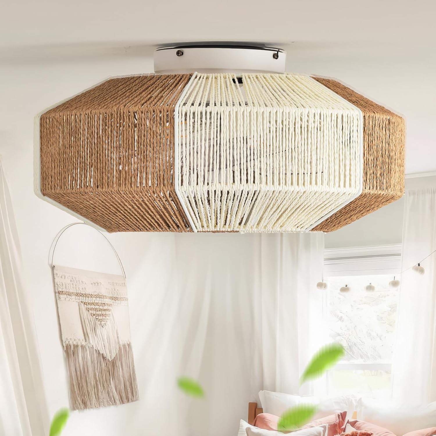 ainqiant Ventiladores de techo boho de montaje empotrado de 20 pulgadas con luces, ventilador de techo enjaulado de ratán con luz y control remoto,