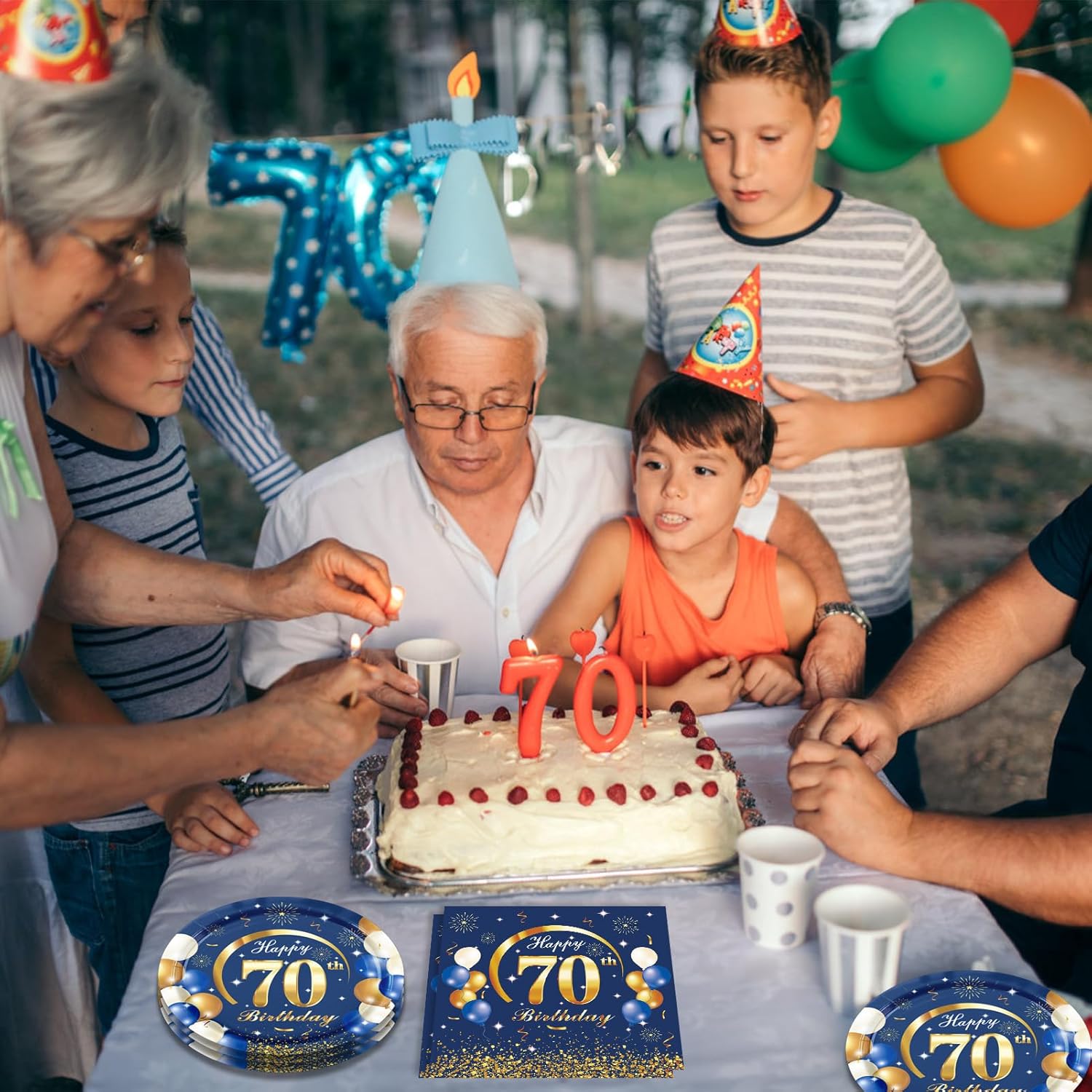 40 unidades, 40 unidades, decoraciones de cumpleaños n. 70 para hombres, azul marino y dorado, incluye platos, servilletas para decoración de fiesta
