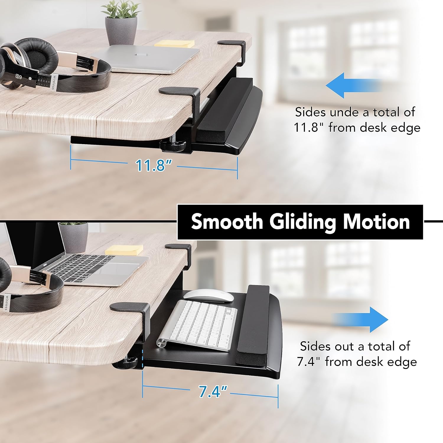 EHO Bandeja de teclado ajustable retráctil con abrazadera, bandeja ergonómica para teclado debajo del escritorio, fácil instalación sin