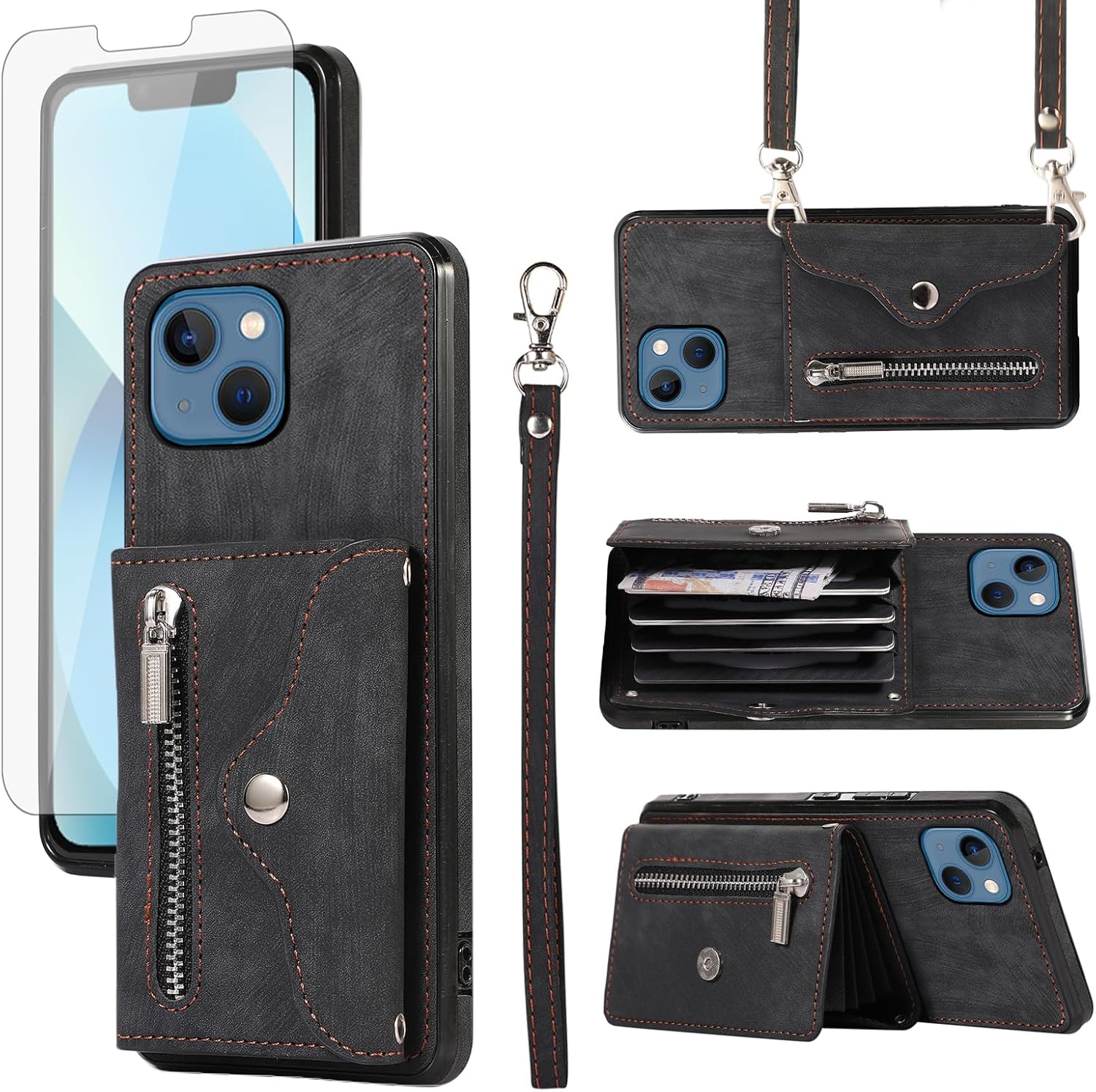 Asuwish Funda de teléfono para iPhone 13 Mini con protector de pantalla de vidrio templado y correa cruzada de muñeca con cordón para tarjetas de
