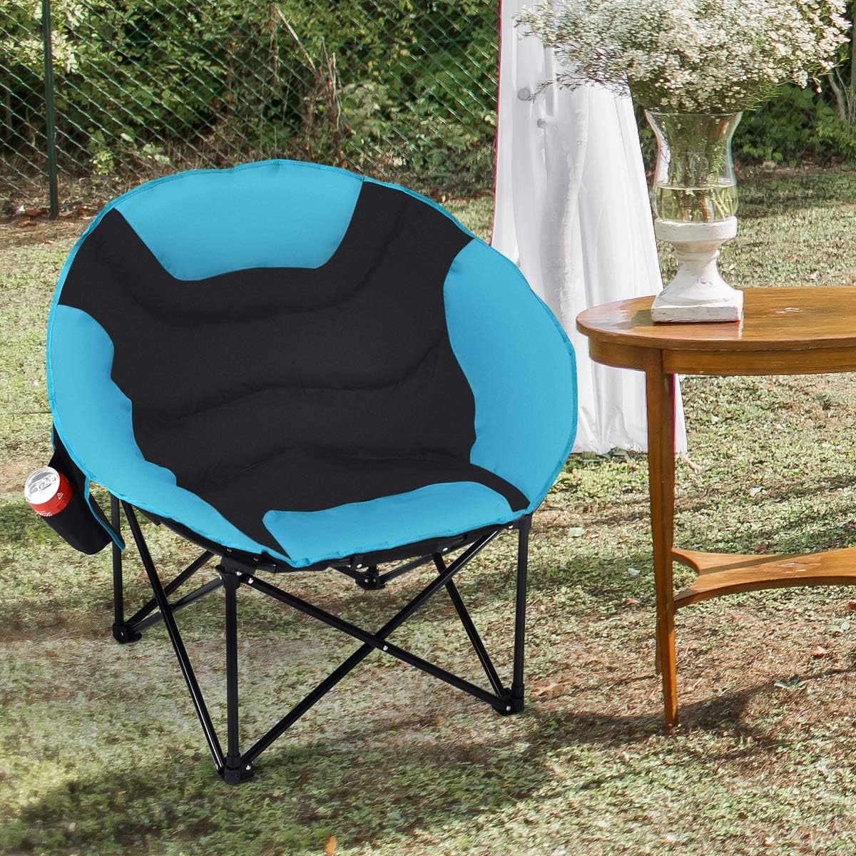 Giantex Silla plegable para campamento, silla de luna con platillo de luna, silla de playa ligera con asiento acolchado suave, soporte para tazas,