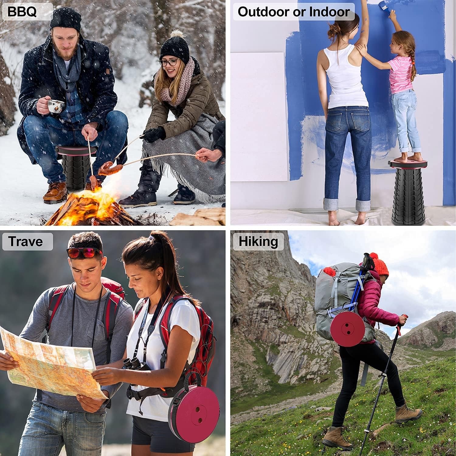 Taburete plegable ajustable para campamento, taburete plegable telescópico portátil con almohadilla para mochila, silla plegable y retráctil
