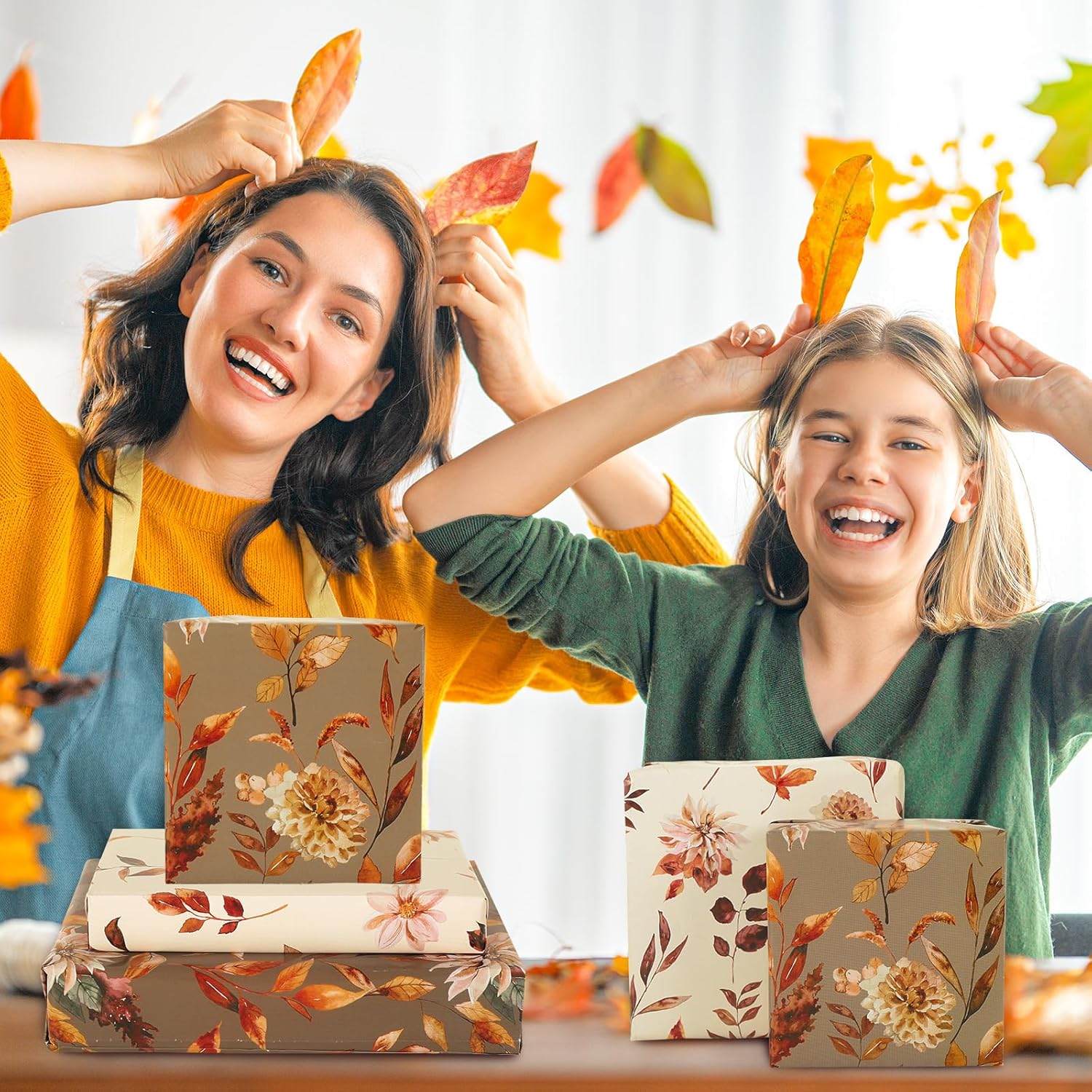 AnyDesign 12 hojas de papel de regalo de otoño con hojas florales de otoño, papel de regalo plegado a granel, papel de arte vintage plano para