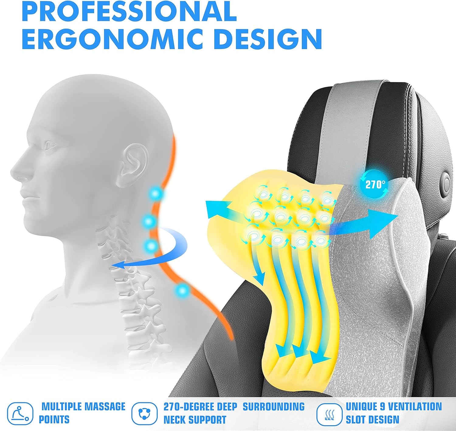 Almohada para el cuello del auto para asiento de conducción, almohada para reposacabezas de automóvil con correa ajustable, almohada de apoyo de