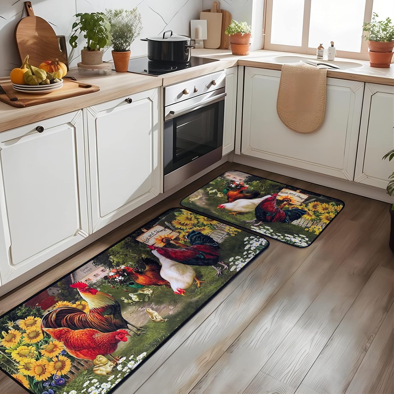 Alfombras de cocina de gallo, tapetes de microfibra antideslizantes y lavables para suelo de cocina, juego de 2 alfombras acolchadas de girasol para