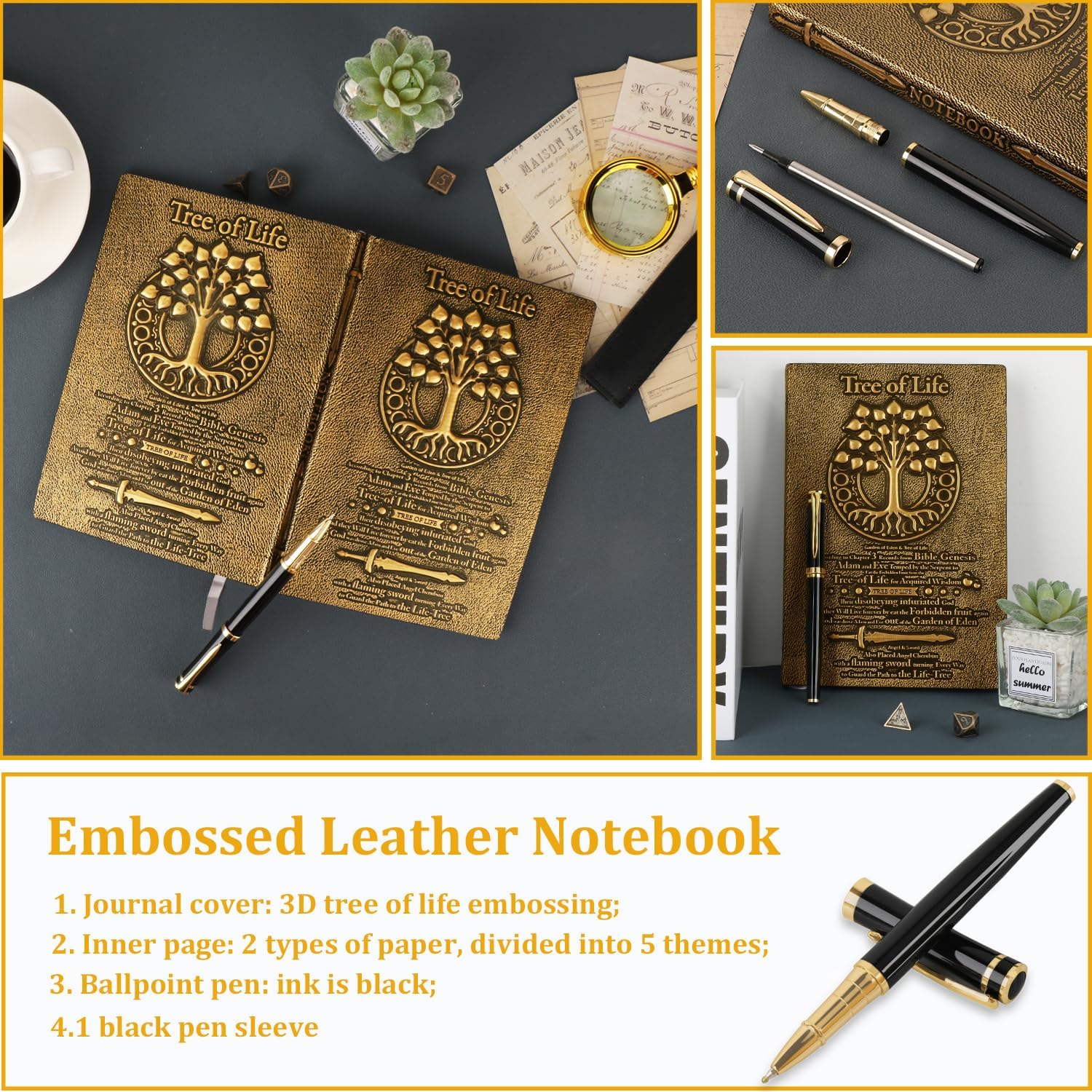 Tree of Life – Cuaderno de cuero en relieve con bolígraforecargafunda para bolígrafo, diario de viaje A5, cuaderno de tapa dura 3D, regalo para