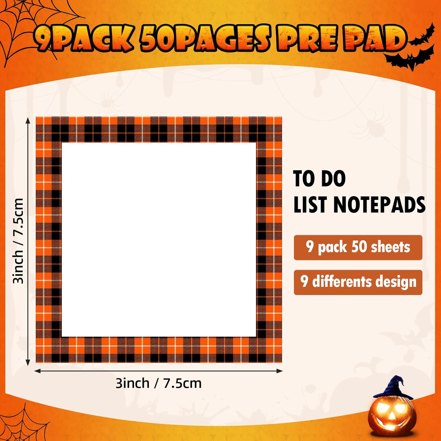 9 blocs de notas adhesivas de Halloween a cuadros, 450 blocs de notas autoadhesivos extraíbles, 50 hojas cada uno para Halloween, escuela, oficina,