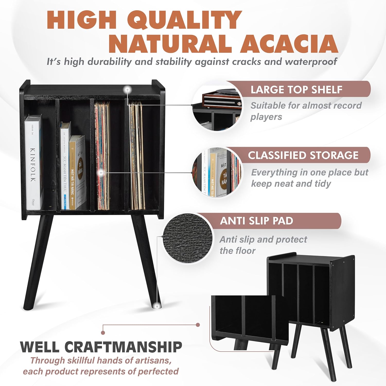 2BHOME Soporte de madera para tocadiscos, con capacidad para 100 LPs, soporte organizador de discos de vinilo de acacia natural con diseño moderno