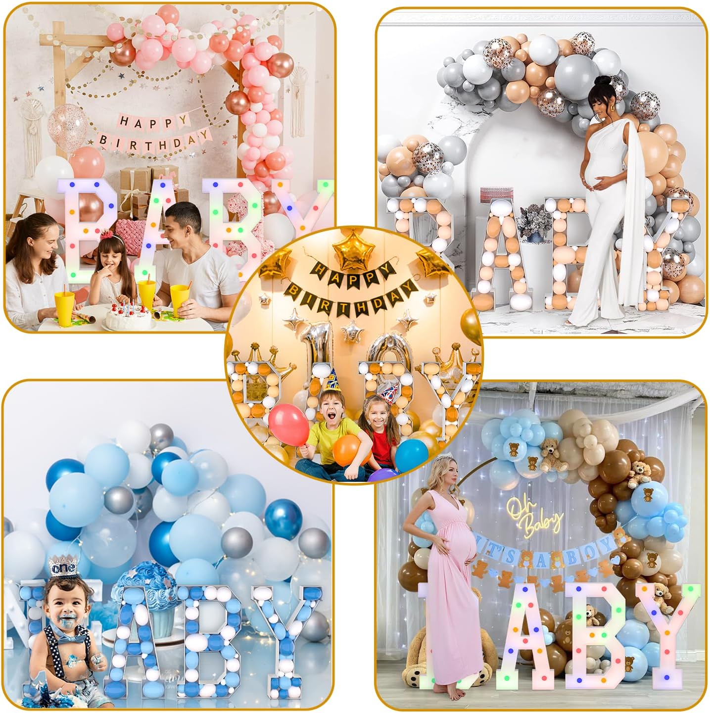 Letras grandes de marquesina, letras iluminadas para bebé con tira de luces y globos, números de marquesina, marco de globos de mosaico,