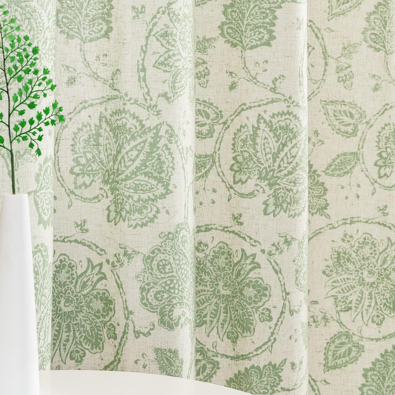 jinchan Cortinas de lino para sala de estar, cortinas con estampado de cachemira floral verde de 84 pulgadas de largo, cortinas Ikat filtrantes de