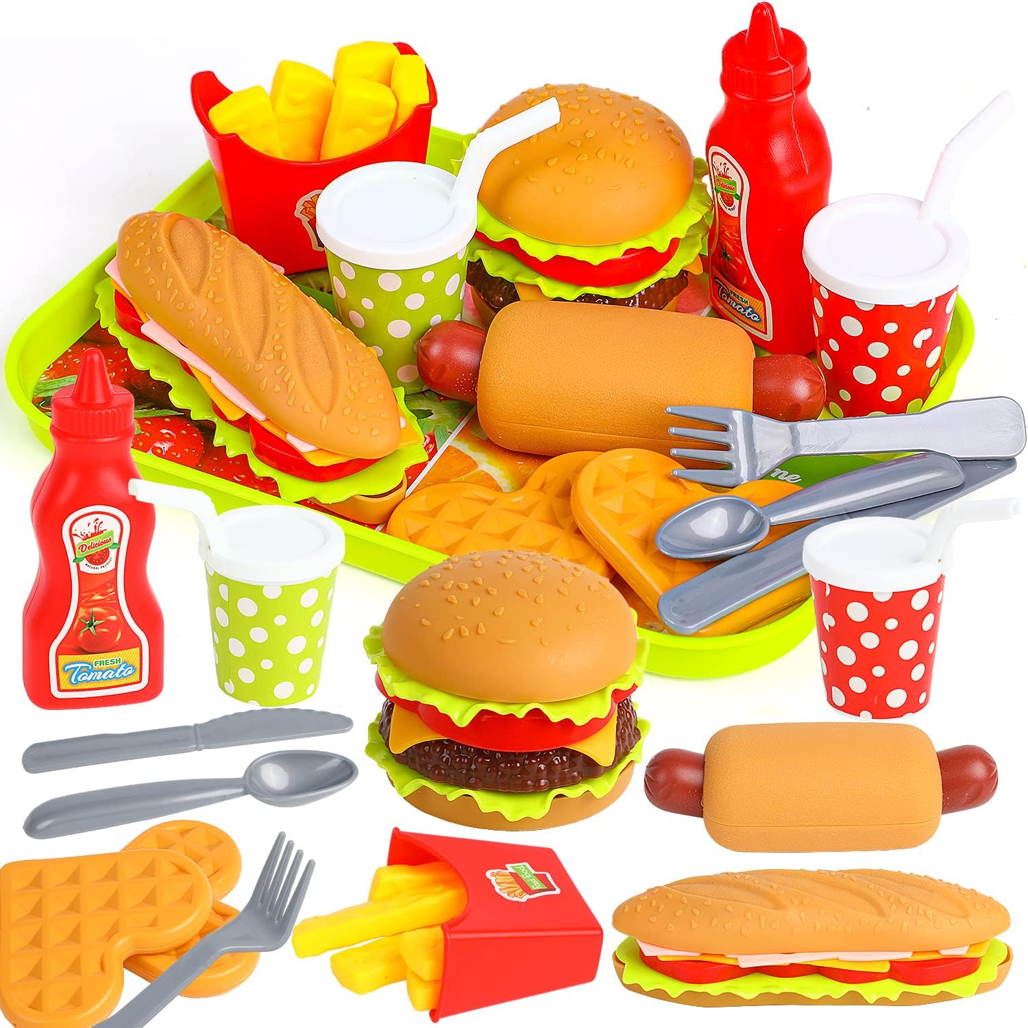 FINGOOO Juego de comida de simulación, hamburguesas fritas, pizza, palomitas de maíz, juguetes de rol, regalo educativo para niños y niñas