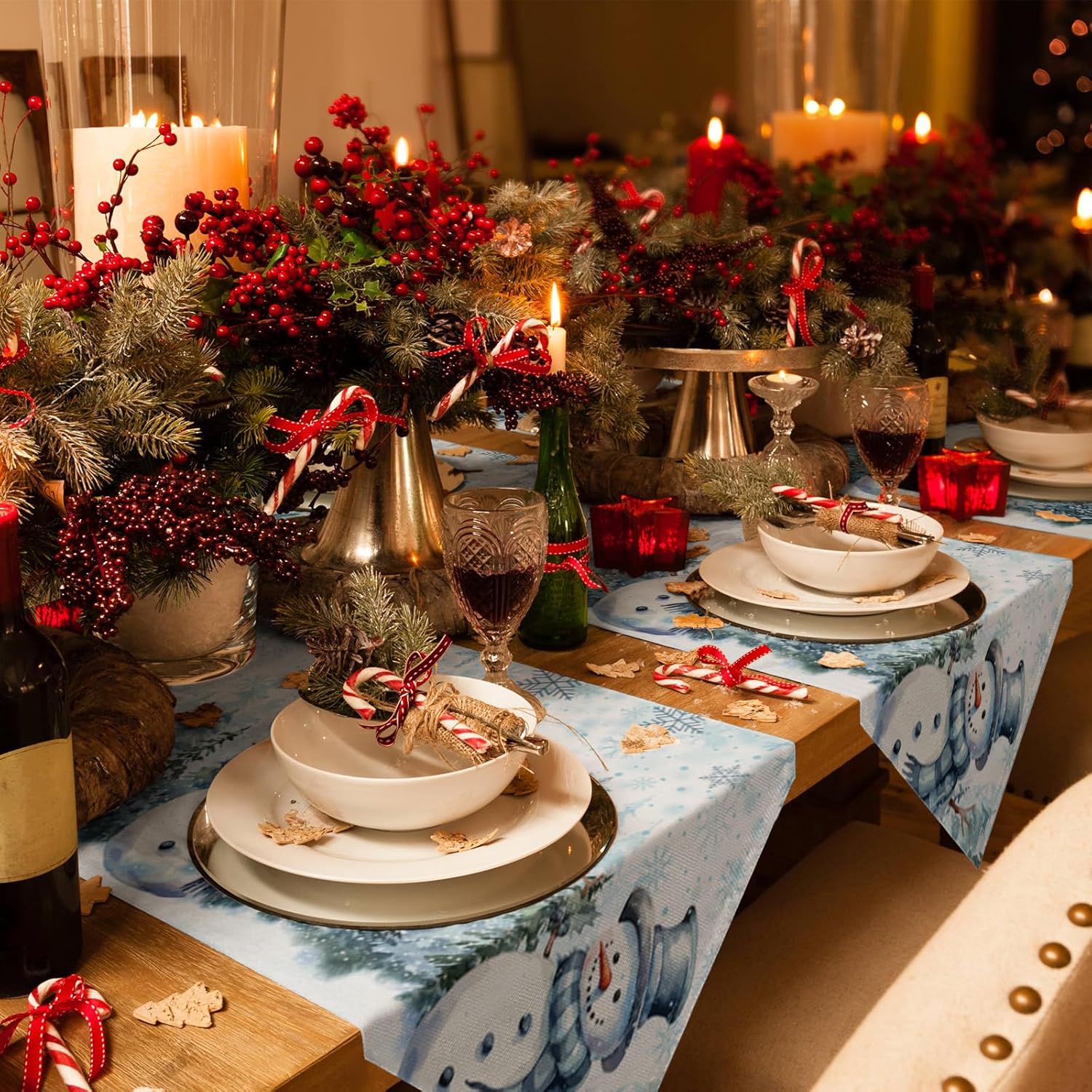 Camino de mesa navideño de invierno, lindo muñeco de nieve, acuarela, árbol de Navidad, bufanda, decoración de mesa para el hogar, cocina, comedor,