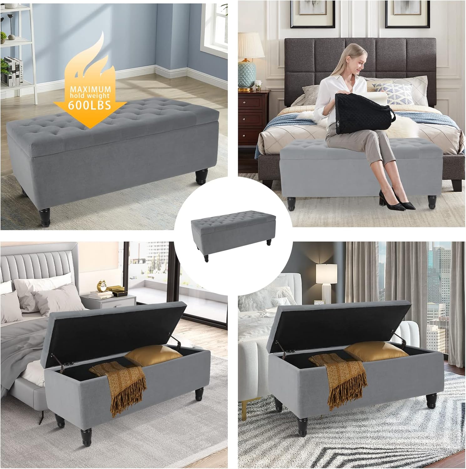 Banco otomano de almacenamiento, banco de terciopelo en el extremo de la cama con 2 otomanas pequeñas para dormitorio, banco de almacenamiento con