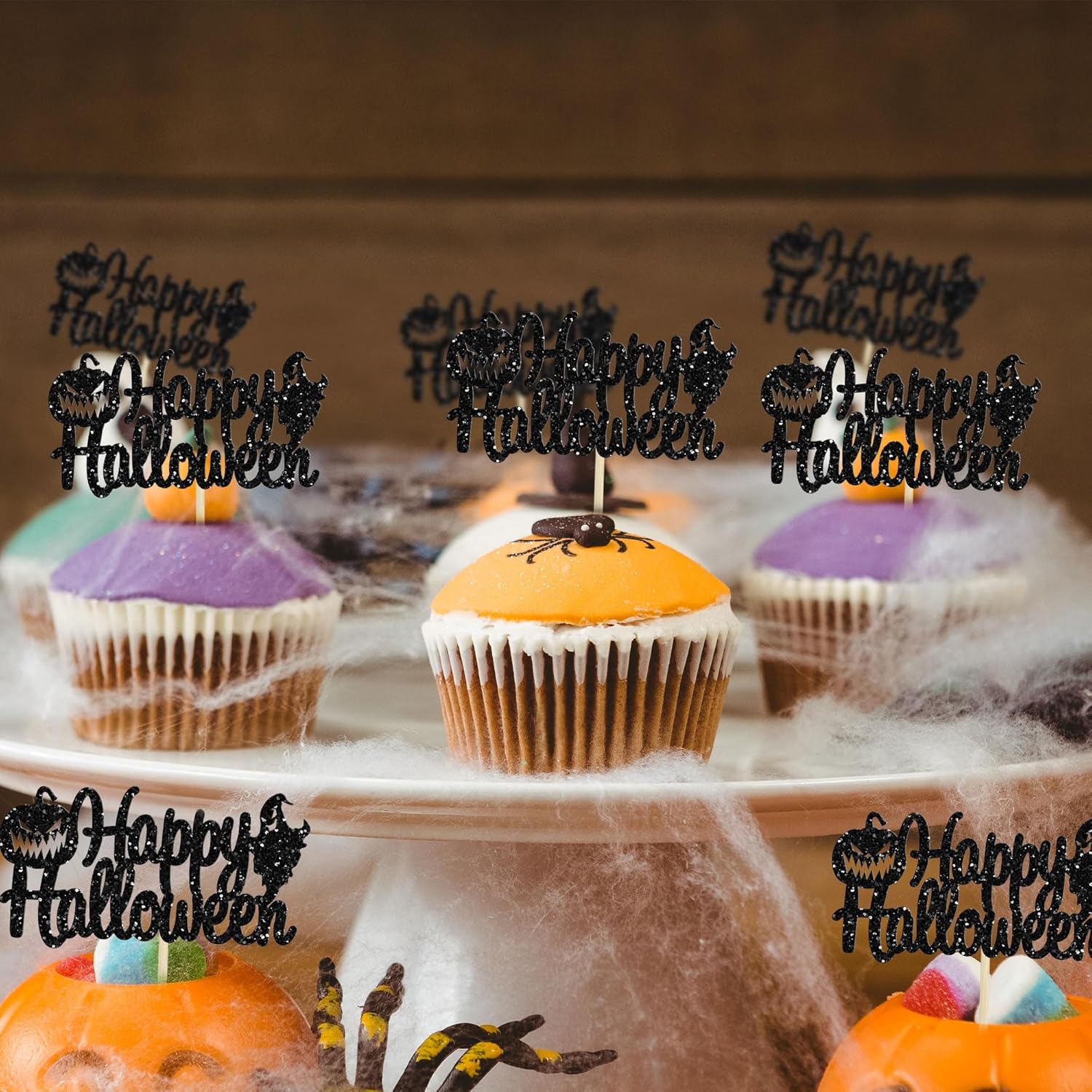 Gyufise 24 adornos para cupcakes de Halloween con calabaza, fantasma, purpurina negra, decoraciones para cupcakes para niños, decoración de fiesta