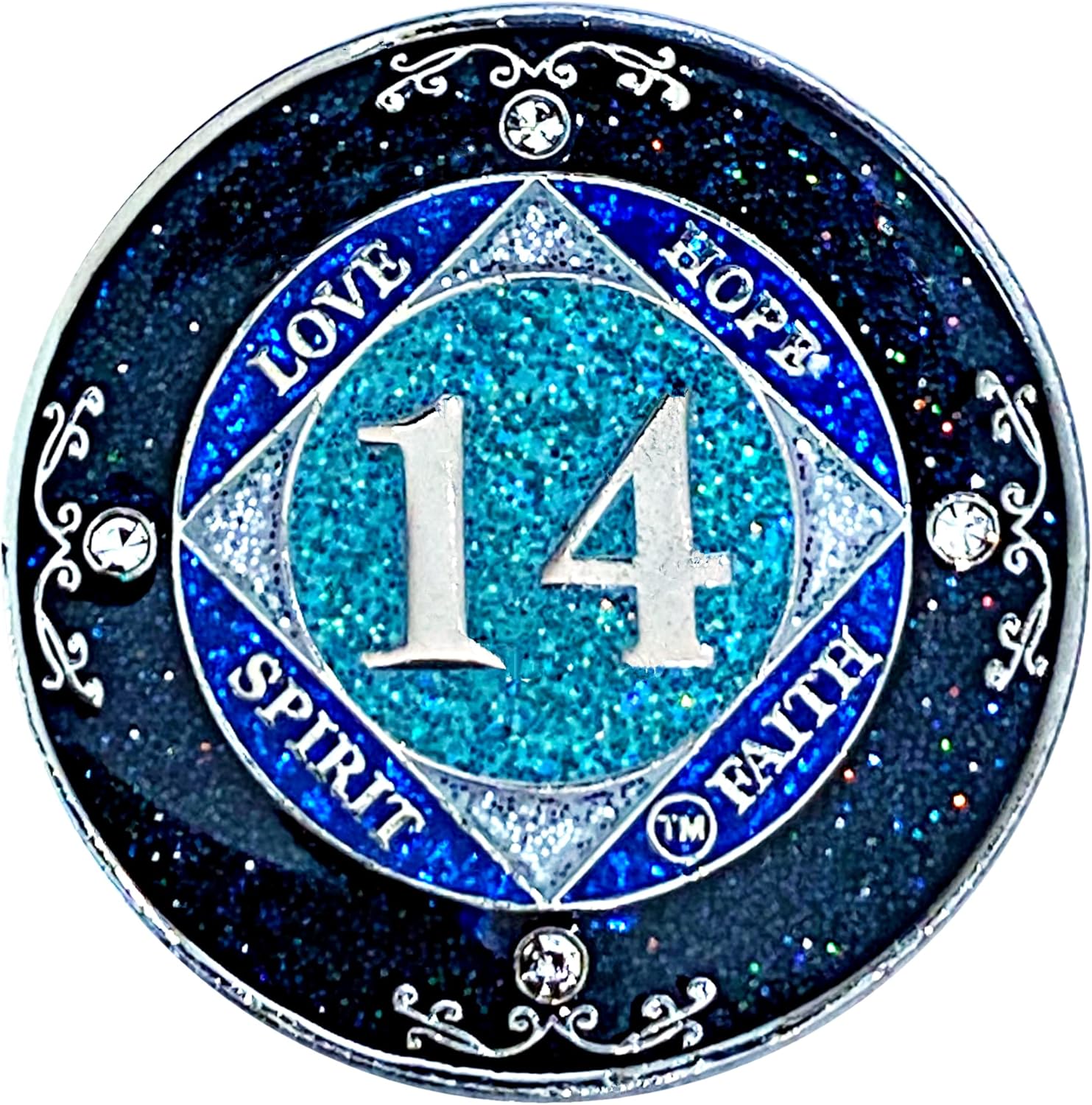NA 14 años de cristal y medallón de purpurina, moneda chapada en color plateado, arco iris negro, purpurina azul y cuatro cristales transparentes,