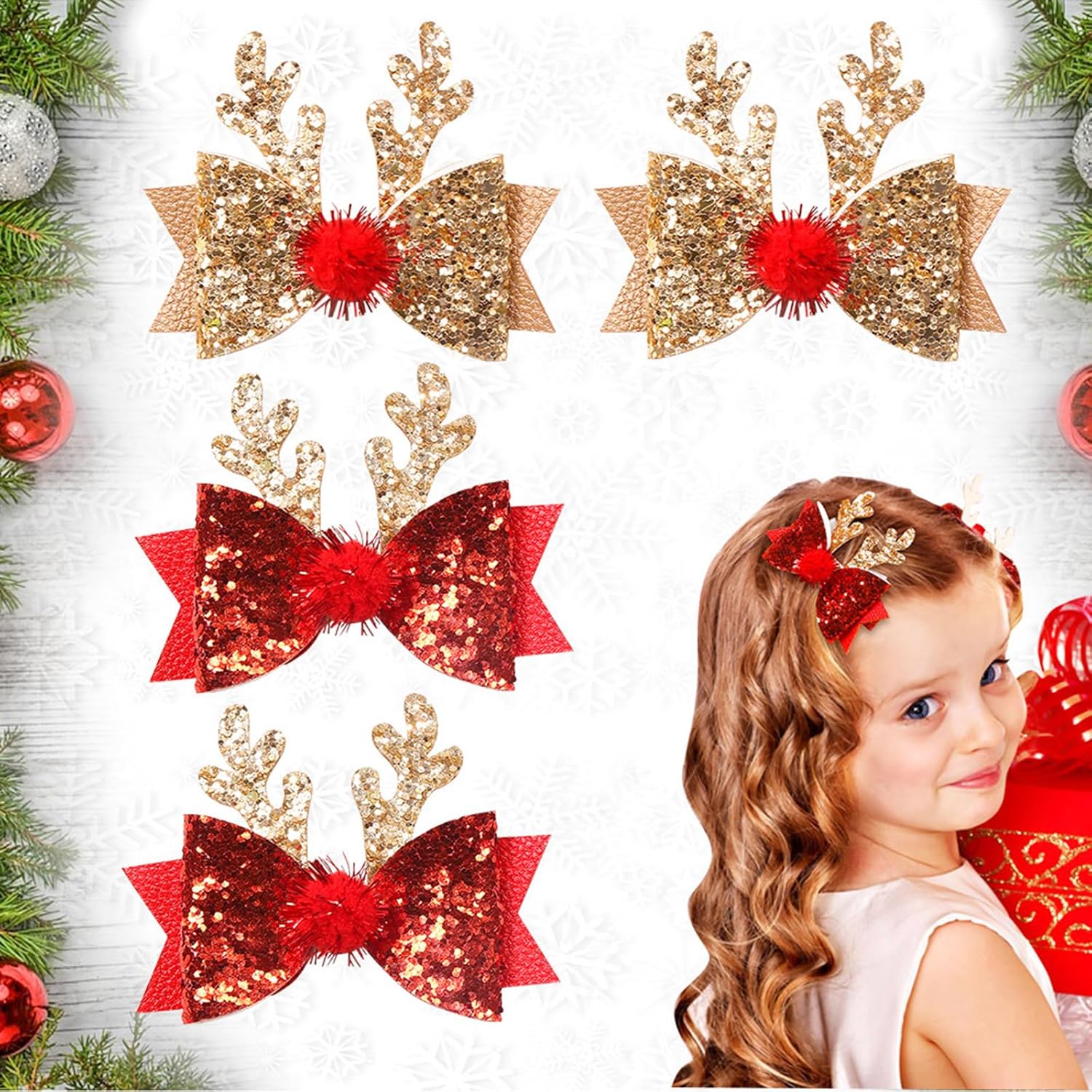 4 pinzas para el cabello de Navidad con purpurina y lazo, pinzas para el cabello con lazo de Navidad para niñas