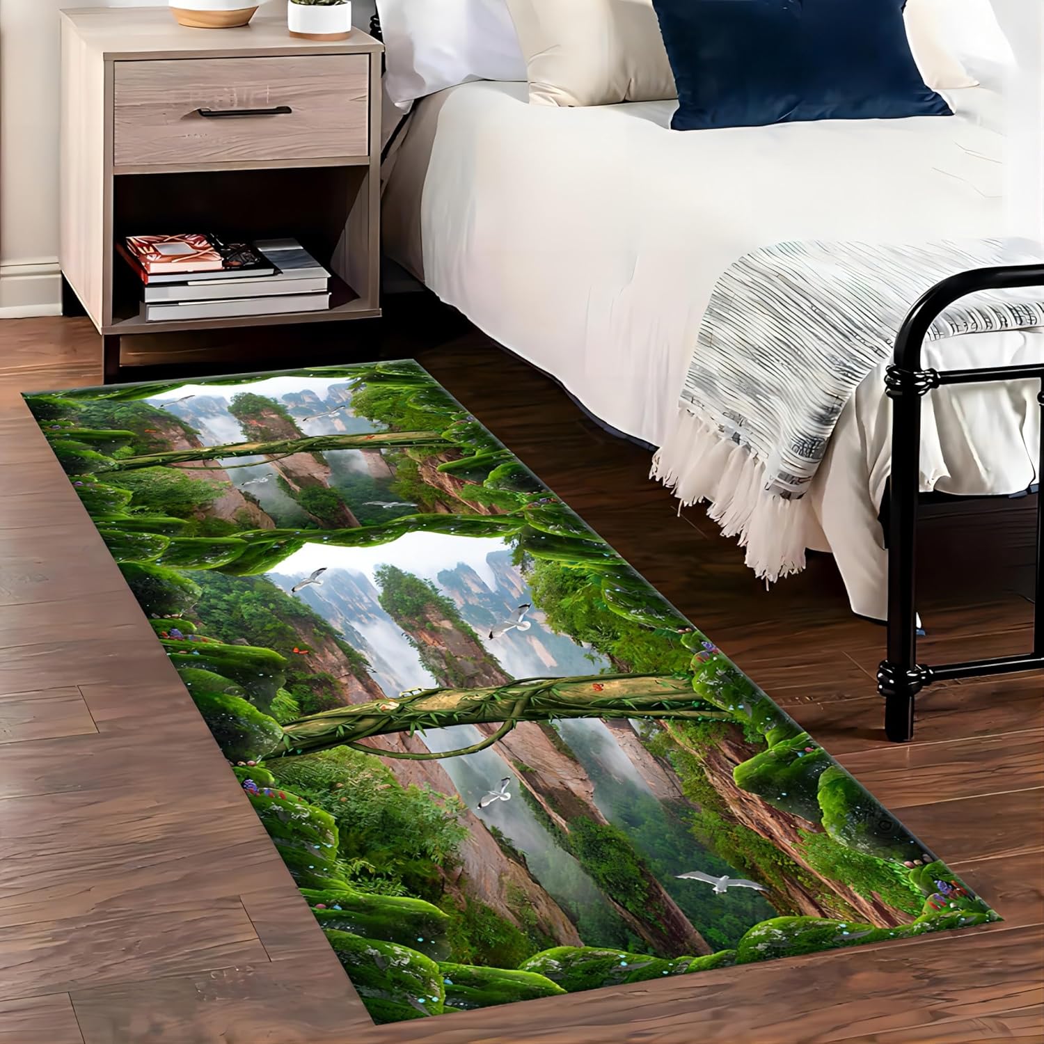 Alfombra de ilusión óptica, 2 x 10 pies, alfombra de pasillo verde 3D con impresiones como acantilados grúas voladoras y plantas verdes, emocionante