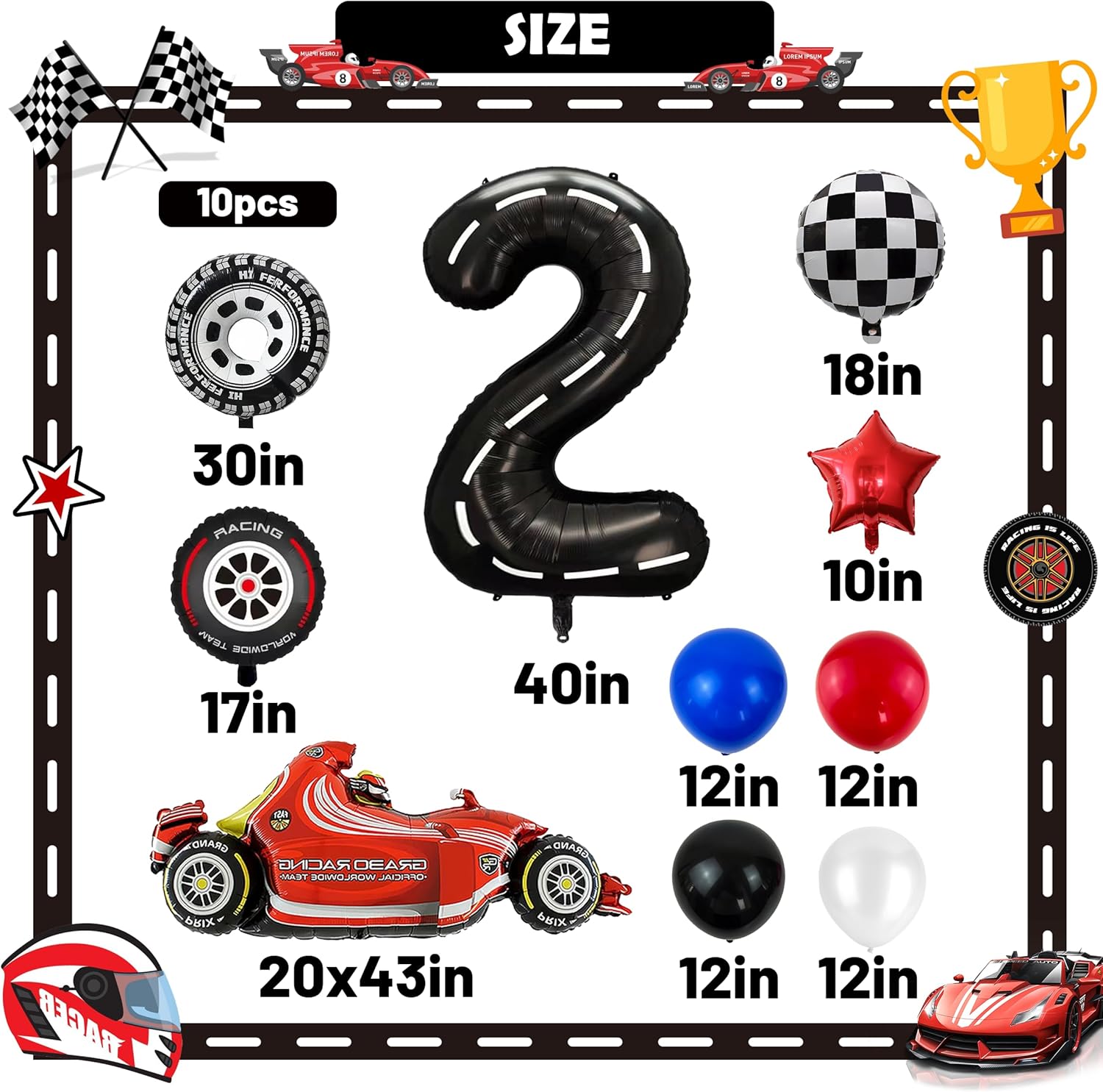 10 globos de 2 cumpleaños de auto de carreras, decoración de fiesta temática de auto de carreras número 2, globos de número de carreras, juego de