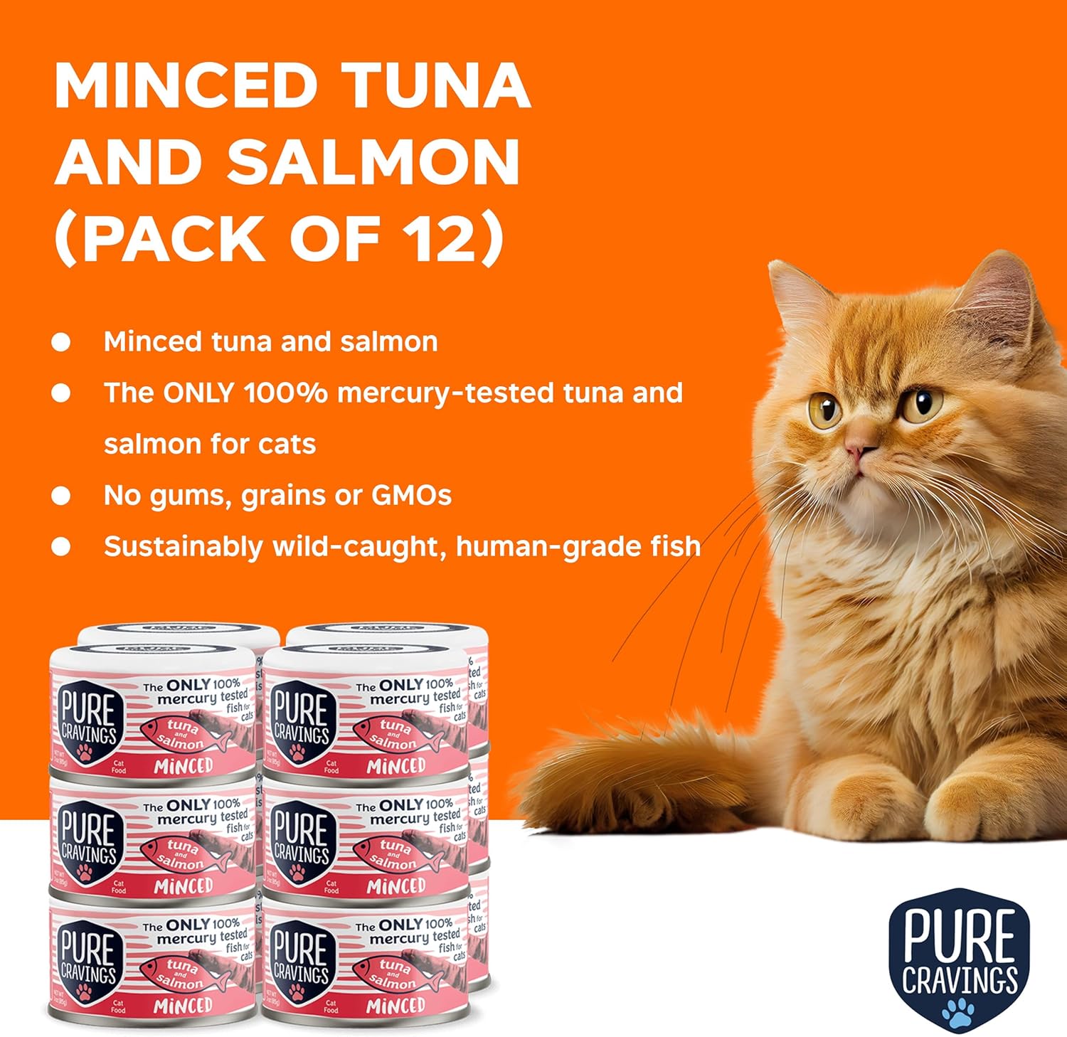 Alimento enlatado húmedo de atún y salmón picado para gatos, 100% probado con mercurio, lata húmeda para gatos, sin granos, proteínas, sin OMG, 3