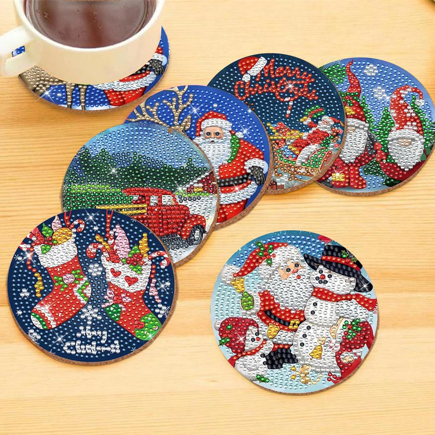 Juego de 6 posavasos de arte de diamantes de Navidad, posavasos de pintura de diamantes de Navidad con soporte 5D para principiantes, adultos y niños