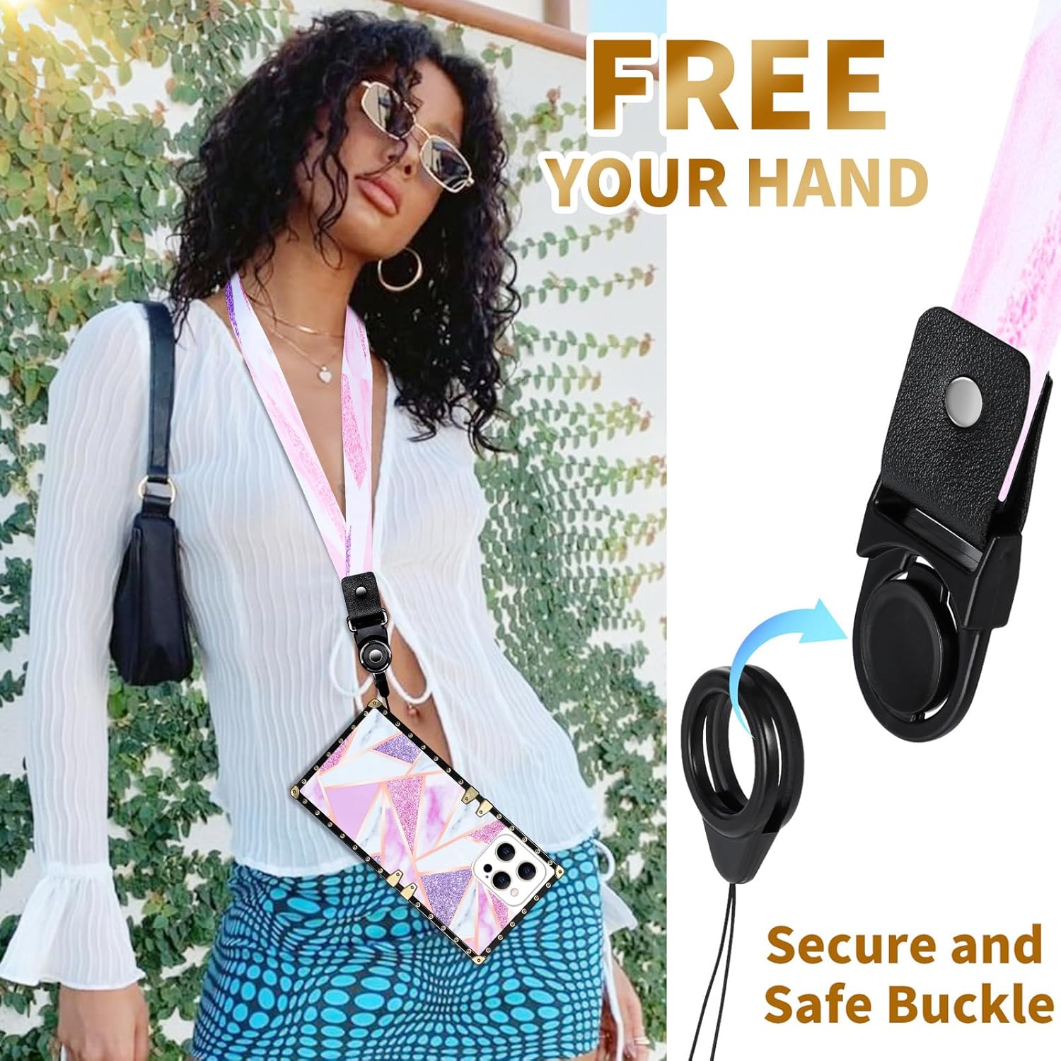 Loheckle Funda para iPhone 15 Pro Max para mujeres, niñas, adolescentes, diseño cuadrado a la moda, lindas fundas con soporte de anillo y cordón,