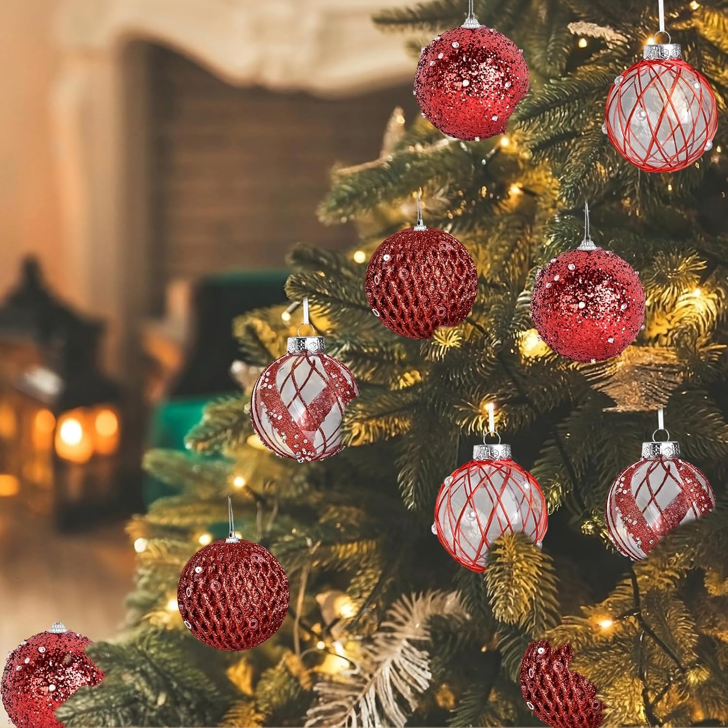 Bolas de 3.15 pulgadas para árbol de Navidad, juego de bolas de Navidad inastillables con purpurina, 9 piezas de bolas de plástico para colgar