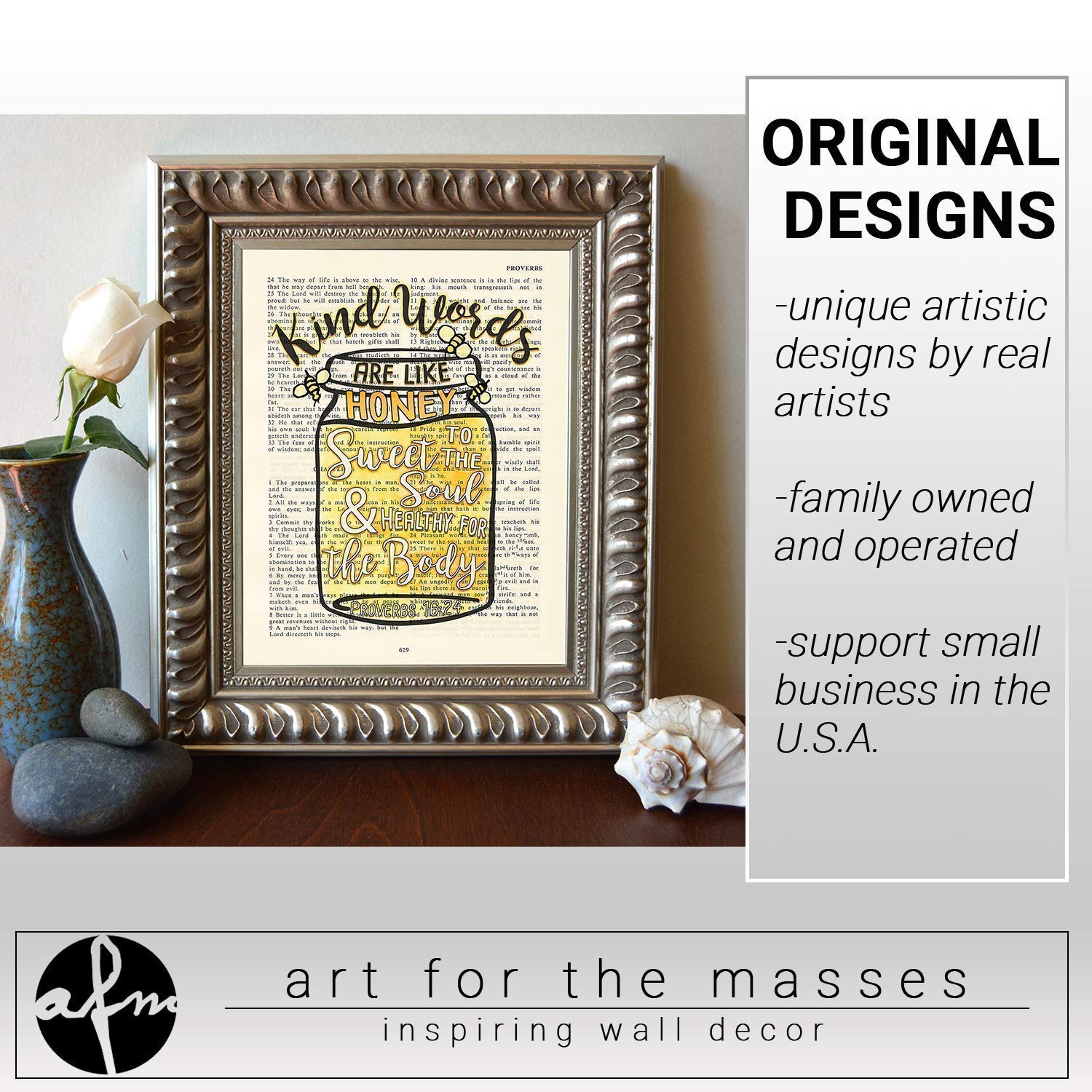 Kinds Words Are Like Honey, Sweet to the Soul, Proverbs 1624, Christian Reproduction Art Print, Unframed, Vintage Bible Verse Scripture Wall and