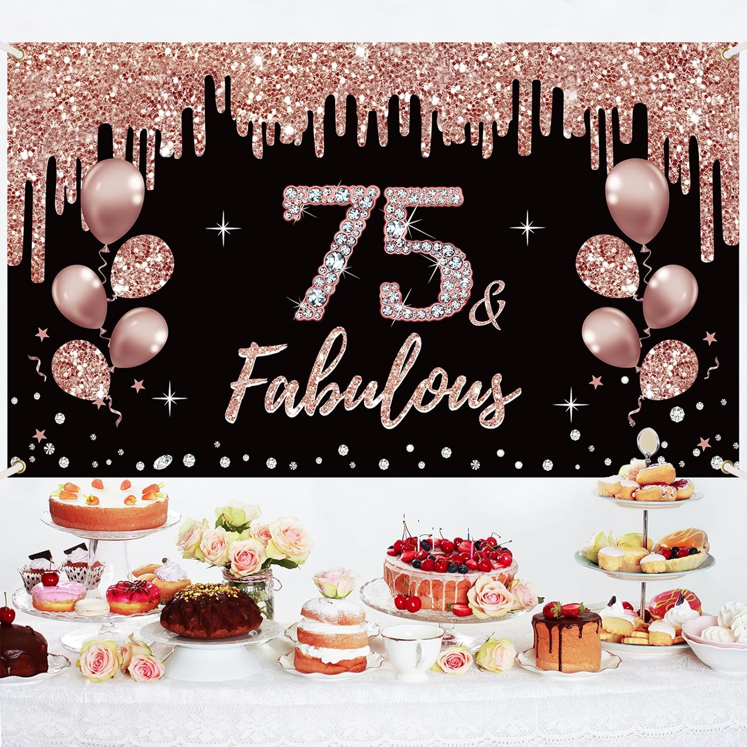 Decoraciones de cumpleaños número 75 y fabuloso cartel de cumpleaños para mujer, color oro rosa con temática de cumpleaños número 75, suministros de