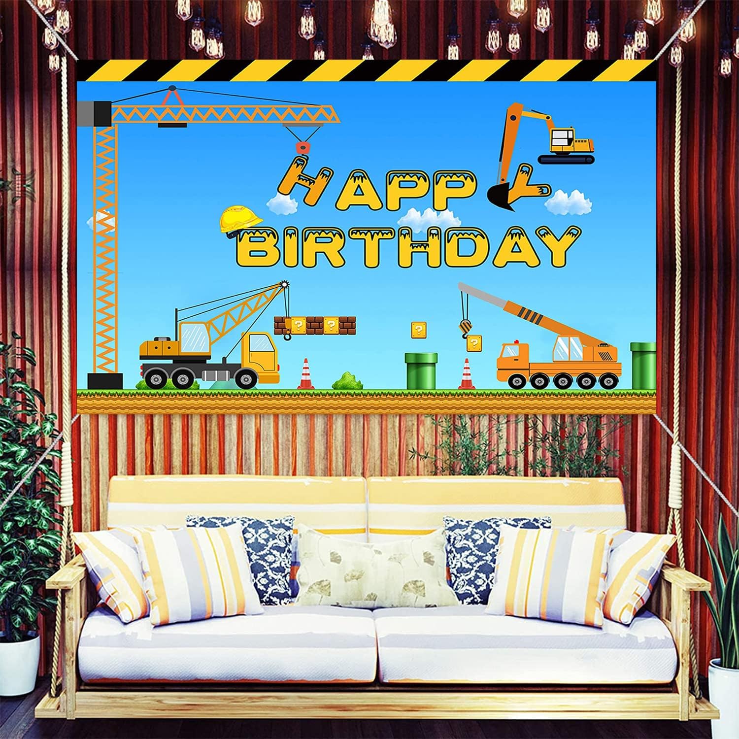 Tema de construcción feliz cumpleaños telón de fondo camión volquete grúa fiesta de cumpleaños banner excavadora camión fotografía fondo niños