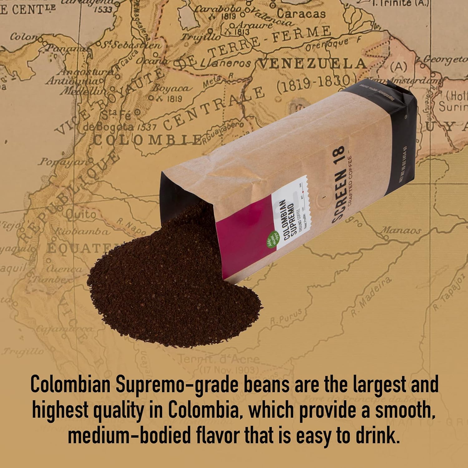 Screen 18 Café molido supremo colombiano de grado especial de primera calidad, origen único, tostado medio oscuro, 1 libra