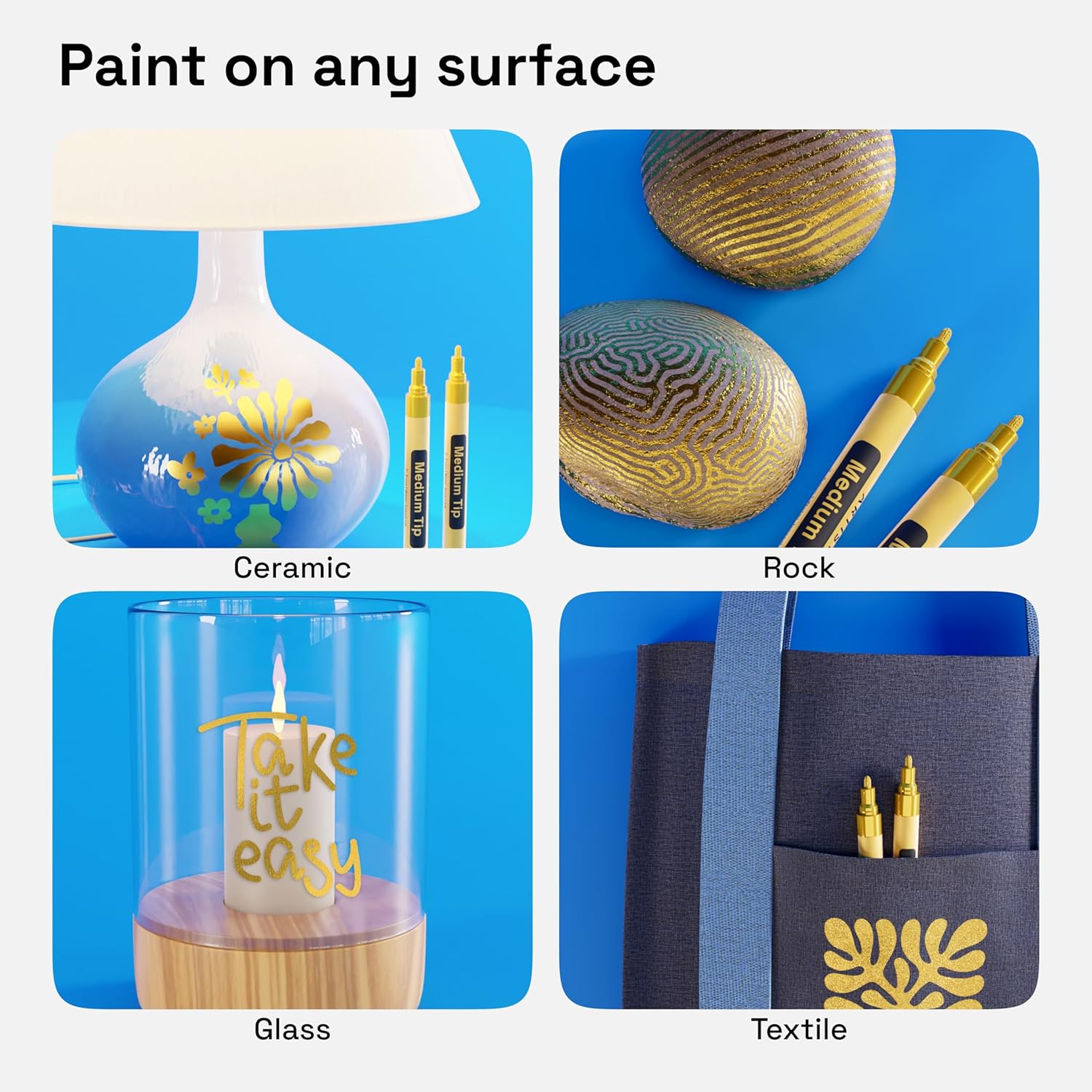 ARTISTRO 2 bolígrafos de pintura acrílica dorada para roca, cerámica, madera, vidrio, tela metálica, plástico, 0.118 in, ideales para álbumes de