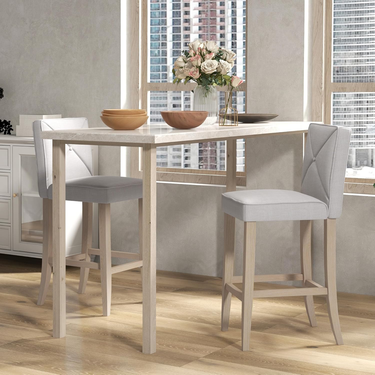 HOMCOM Juego de 2 taburetes de bar modernos, taburetes de cocina tapizados con altura de barra con reposapiés integrado, patas de madera maciza,
