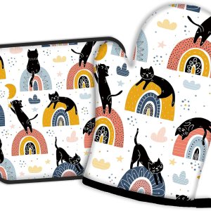 Guantes de horno y soportes para ollas con diseño de gato negro y arcoíris, juego de 2 piezas de almohadillas resistentes al calor para hornear, Guantes de horno y soportes para ollas con diseño de gato negro y arcoíris, juego de 2 piezas de almohadillas resistentes al calor para hornear,