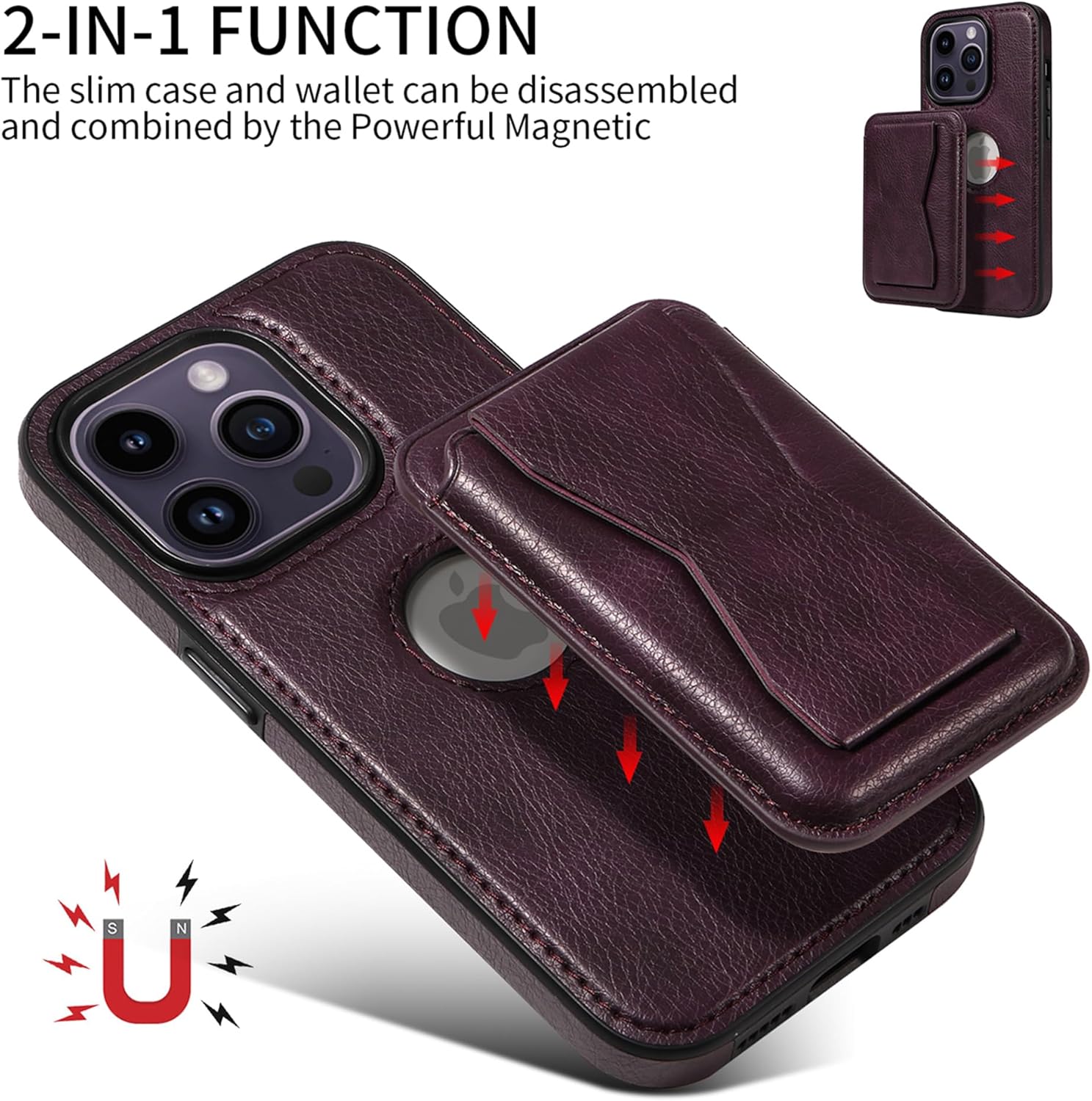 Compatible con MagSafe diseñada para iPhone 13 Pro Max, funda de piel magnética dividida para tarjetas de crédito (para iPhone 13 Pro Max, morado)