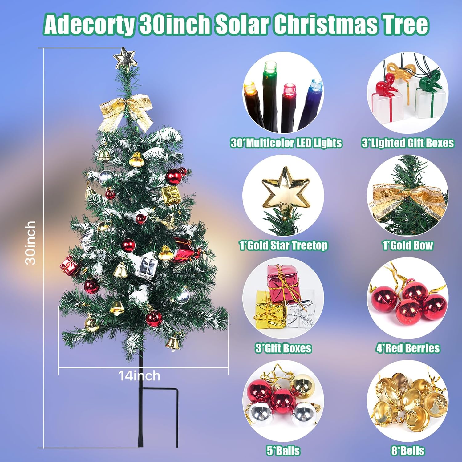 Decoración solar para árbol de Navidad, luces para exteriores, paquete de 2 con 60 LED, 44 adornos de Navidad, 6 cajas de regalo iluminadas, 8