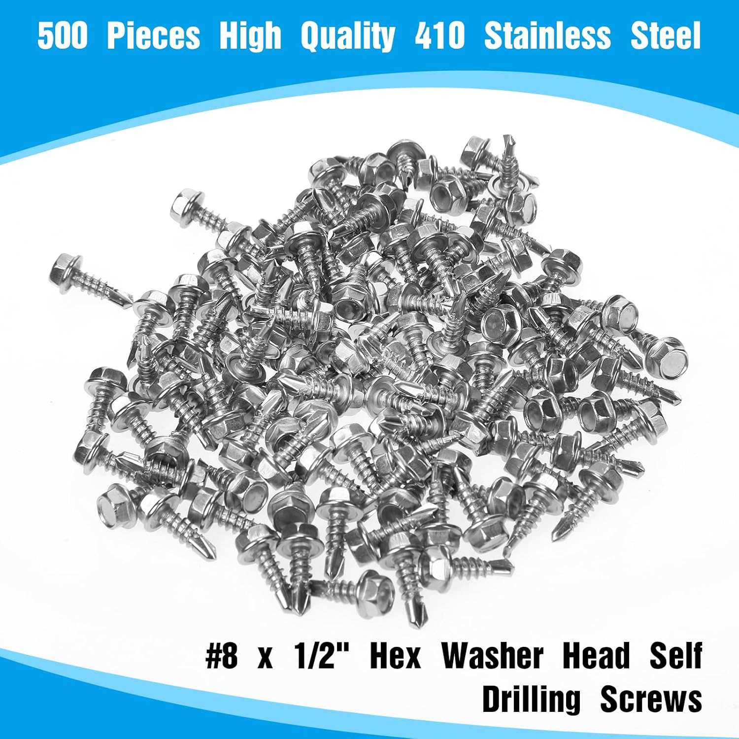 Zonon 500 tornillos autoperforantes de cabeza hexagonal #8 x 12 pulgada para chapa de metal, tornillos autorroscantes de acero inoxidable 410,