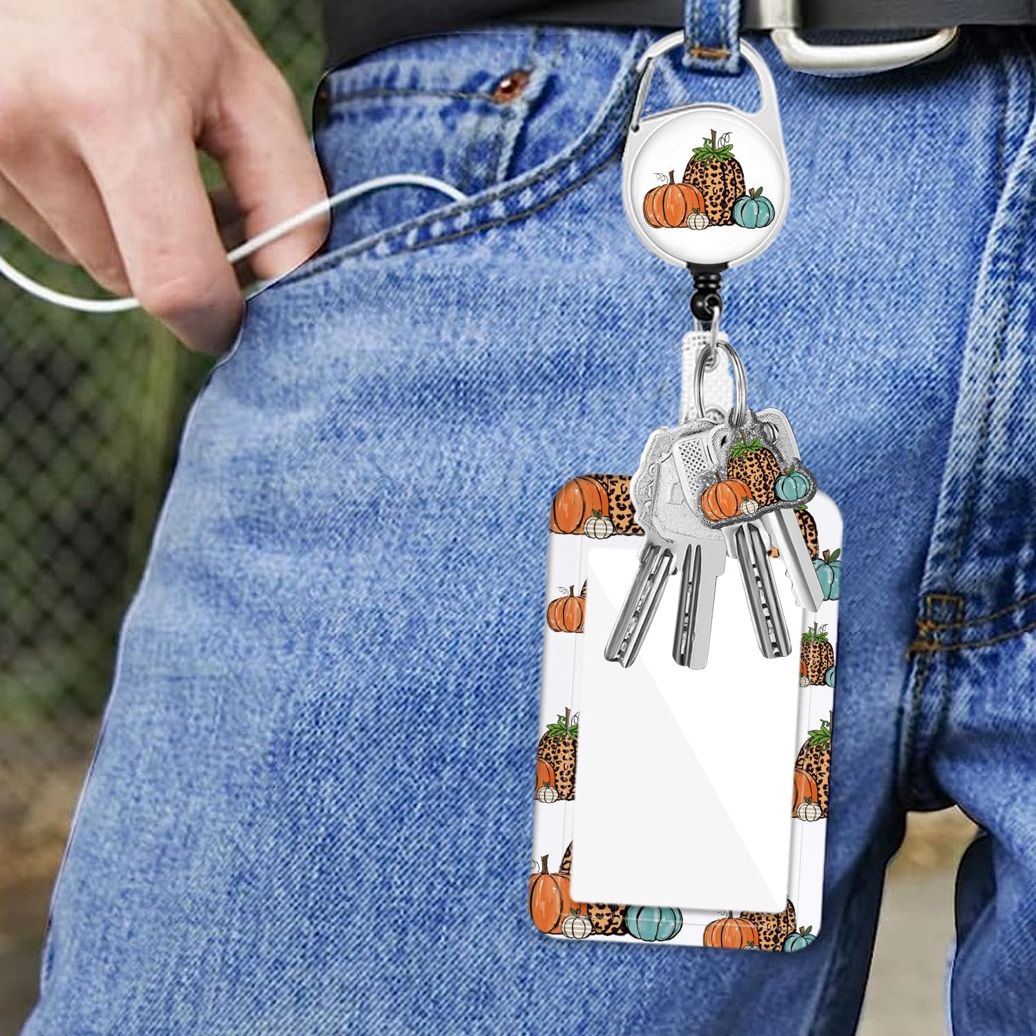 Carrete retráctil para tarjetas de Acción de Gracias de otoño, con colgante y llavero, etiqueta de nombre de calabaza de leopardo, protector de