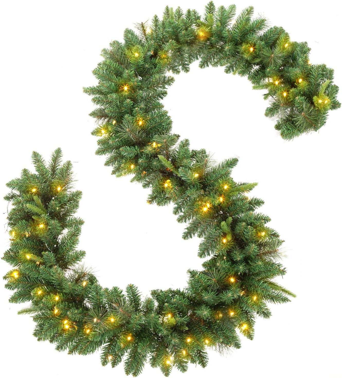 KING BIRD Guirnalda de Navidad de 9 pies por 12 pulgadas, guirnalda preiluminada con 50 luces cálidas, guirnalda de Navidad verde clásica con 300
