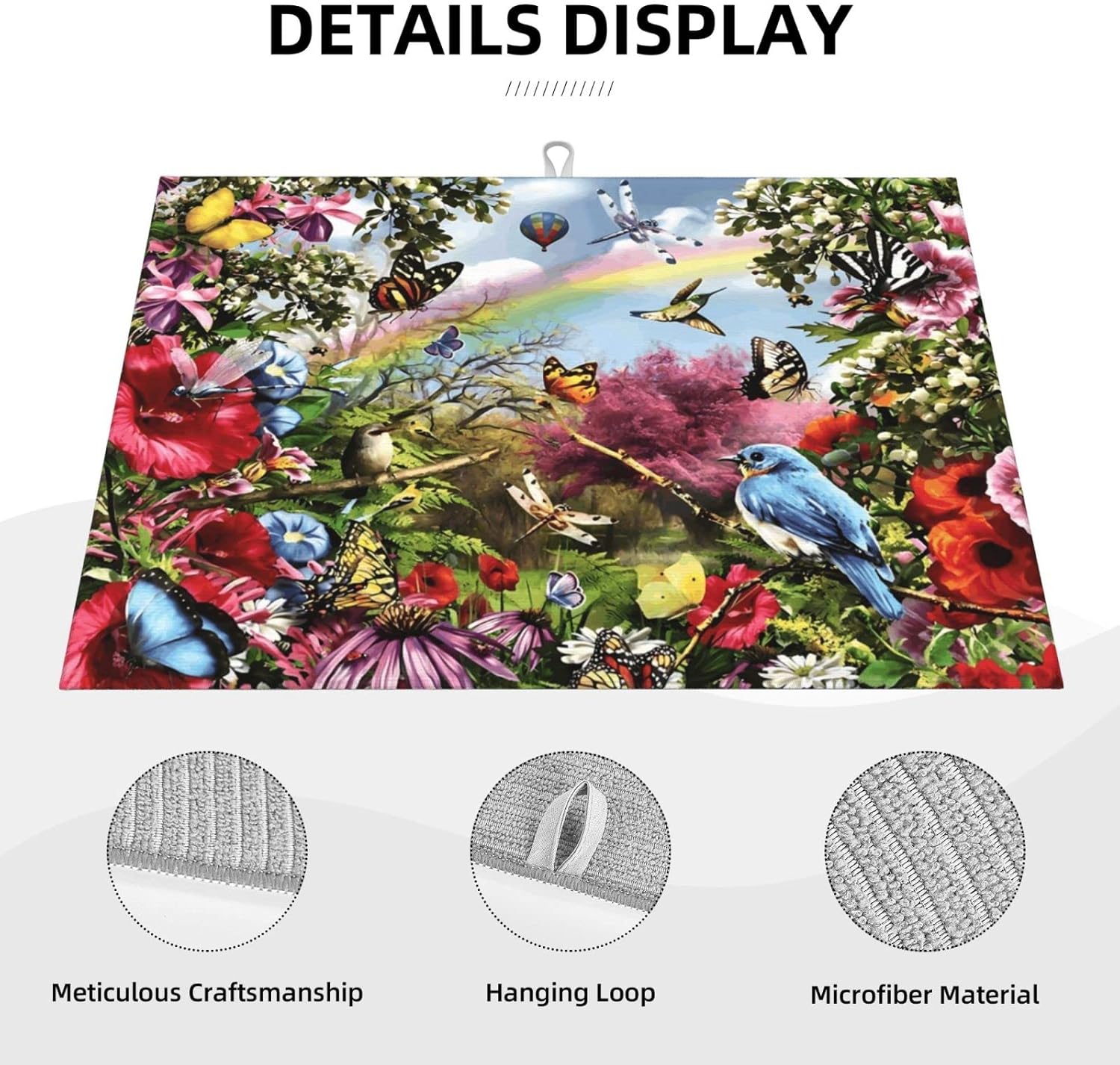Tapete de secado de platos con diseño de flores de pájaro para encimera de cocina, extra grande, absorbente, microfibra de secado rápido, accesorios