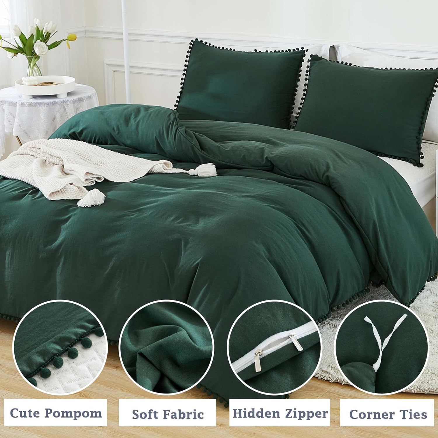 Andency Funda de edredón verde esmeralda tamaño Queen (90 x 90 pulgadas), 3 piezas (1 funda de edredón verde oscuro con flecos de pompones, 2 fundas